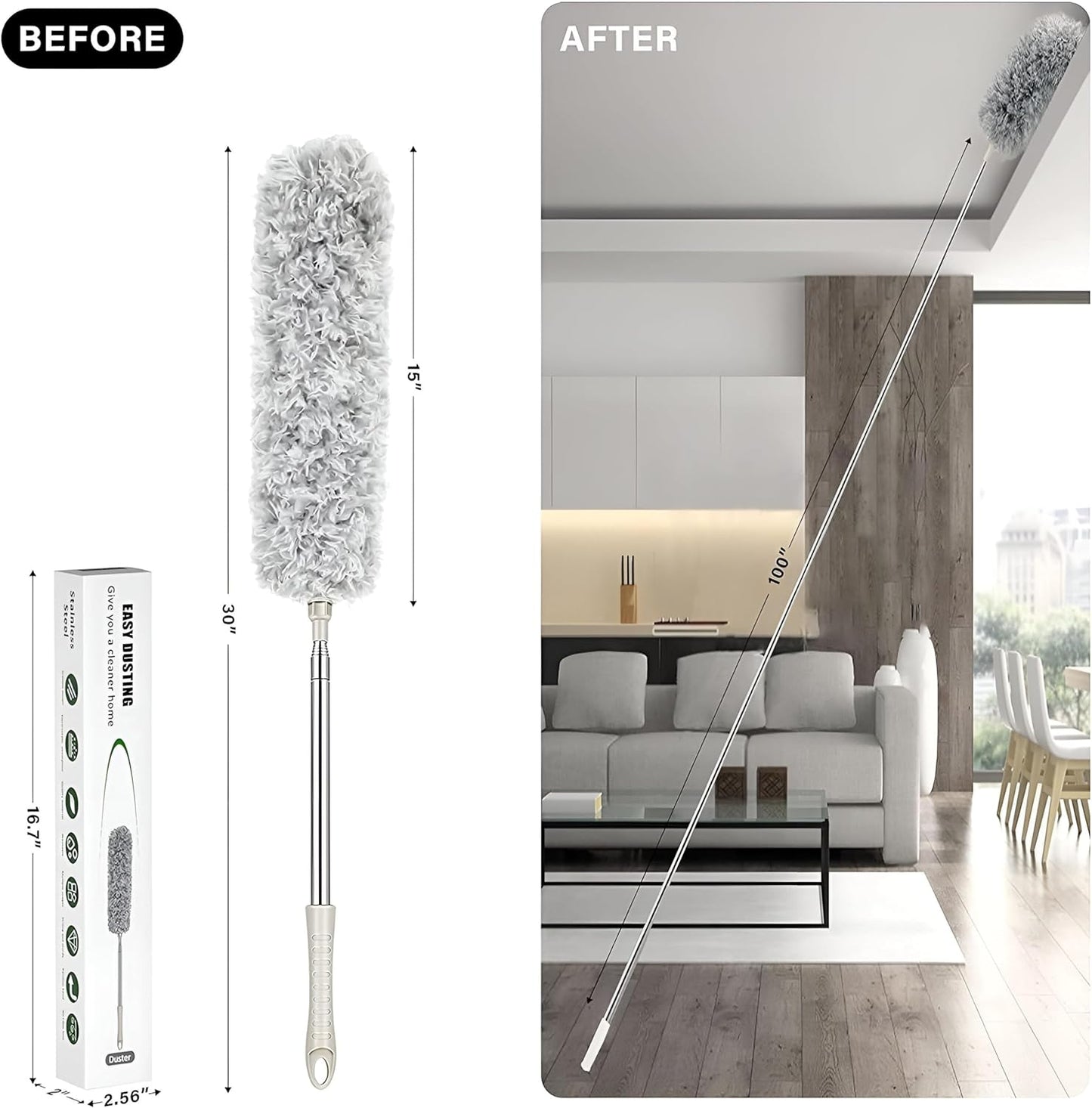 Hasselt 3 In 1 Microfiber Ceiling Duster With Cobweb Duster For Dust Cleaning, Long Handle Extendable With Anti Scratch Bendable Head For Cleaning High Stick Ceiling Fan, Multicolor