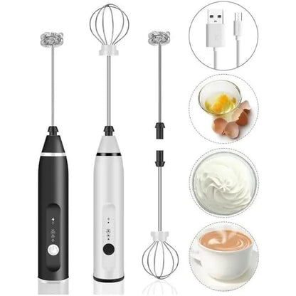Handheld Electric Milk Frother with 2 Heads, Coffee Whisk Foam Mixer with USB Rechargeable 3 Speeds, Foam Maker Blender for Latte, Cappuccino, Hot Chocolate, Egg