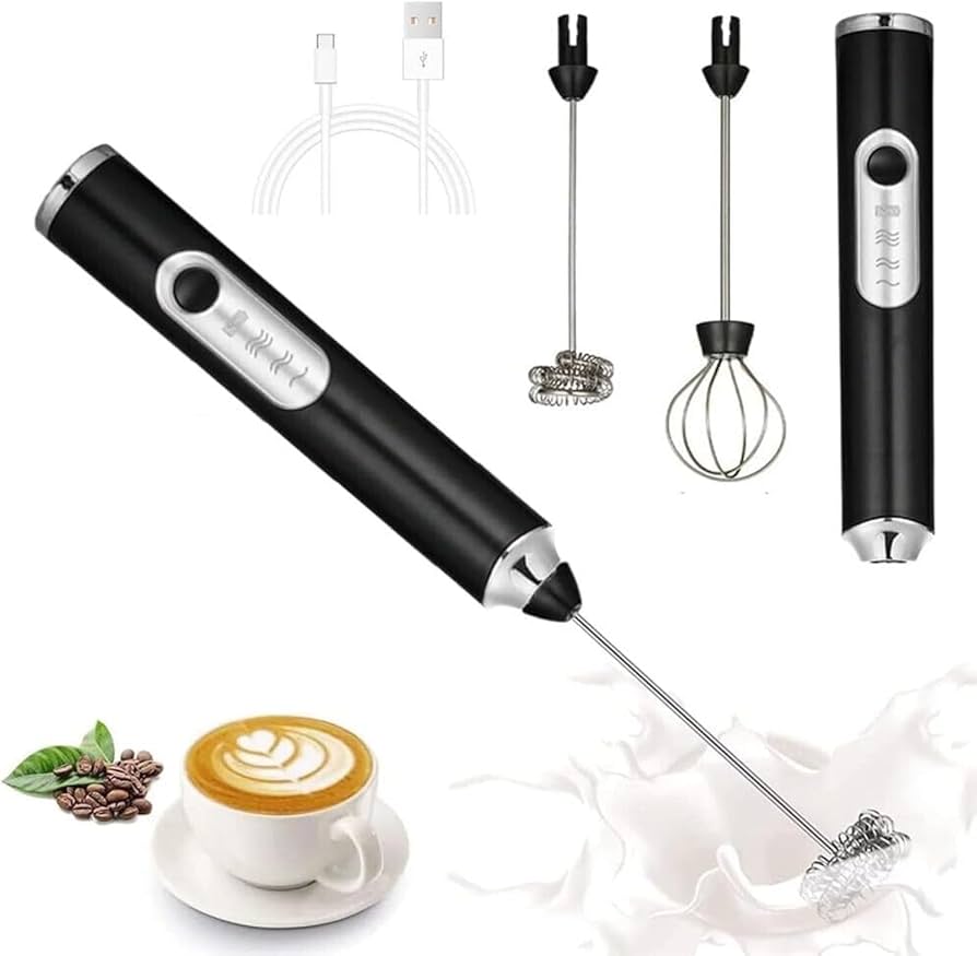 Handheld Electric Milk Frother with 2 Heads, Coffee Whisk Foam Mixer with USB Rechargeable 3 Speeds, Foam Maker Blender for Latte, Cappuccino, Hot Chocolate, Egg