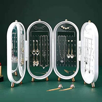 Foldable Jewellry Organizer Box with Mirror | Ear Rings & Necklace Hanging Holder | Jewelry Box Vanity Hanger Stand