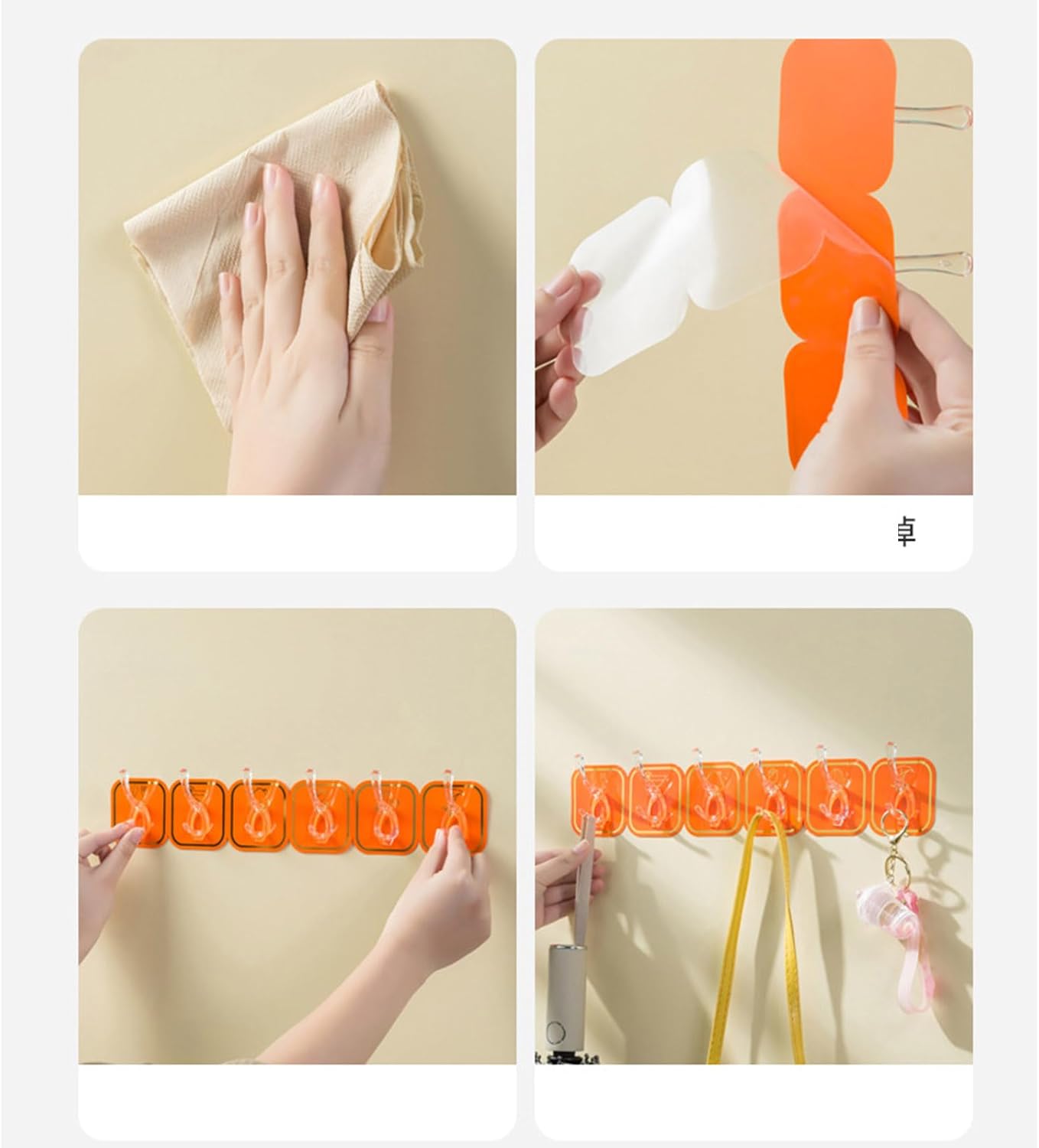 6PCS Long Strip Hook, Traceless Strong Self Adhesive Stylish Wall Mounted Hook Multifunctional Self Adhesive for Home Bathroom Towel Kitchen﻿ (Orange)