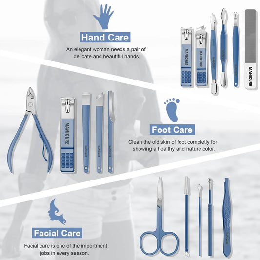 16 PCS Professional Stainless Steel Nail Clipper Manicure Pedicure Set with Leather Case