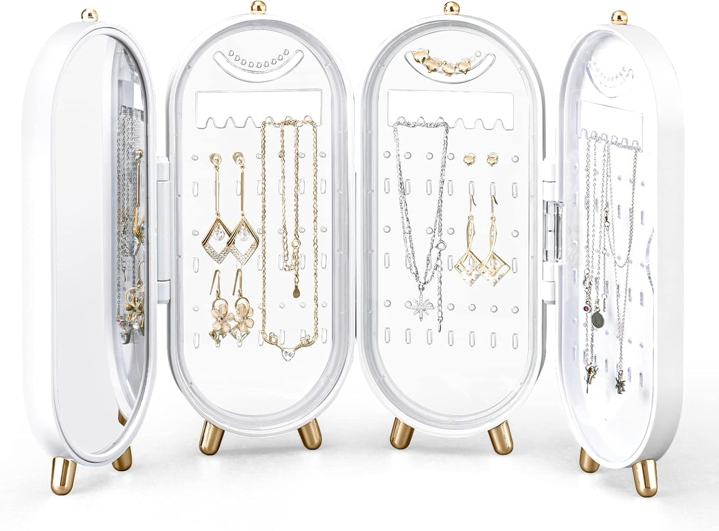 Foldable Jewellry Organizer Box with Mirror | Ear Rings & Necklace Hanging Holder | Jewelry Box Vanity Hanger Stand