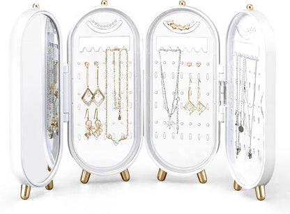 Foldable Jewellry Organizer Box with Mirror | Ear Rings & Necklace Hanging Holder | Jewelry Box Vanity Hanger Stand