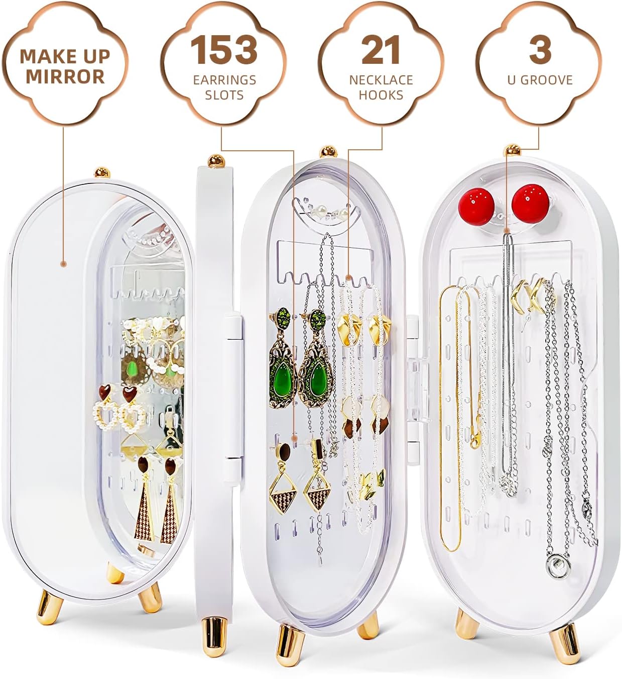 Foldable Jewellry Organizer Box with Mirror | Ear Rings & Necklace Hanging Holder | Jewelry Box Vanity Hanger Stand