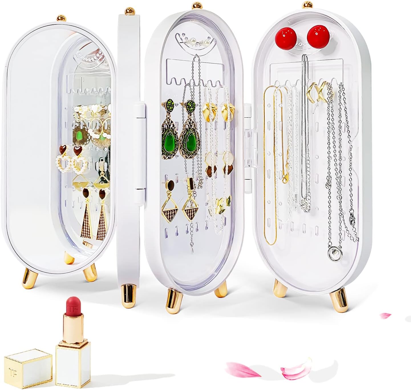 Foldable Jewellry Organizer Box with Mirror | Ear Rings & Necklace Hanging Holder | Jewelry Box Vanity Hanger Stand