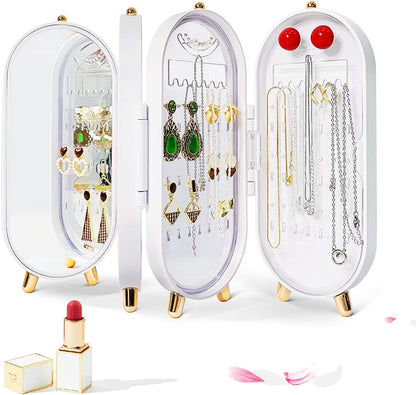 Foldable Jewellry Organizer Box with Mirror | Ear Rings & Necklace Hanging Holder | Jewelry Box Vanity Hanger Stand
