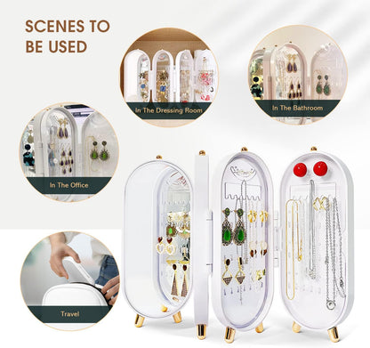 Foldable Jewellry Organizer Box with Mirror | Ear Rings & Necklace Hanging Holder | Jewelry Box Vanity Hanger Stand