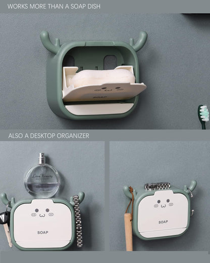 Wall-Mounted Deer-Shaped Soap Box with Flip Drain and Tray. Elevate your bathroom with this charming and practical addition. Keep your soap dry and your countertop tidy
