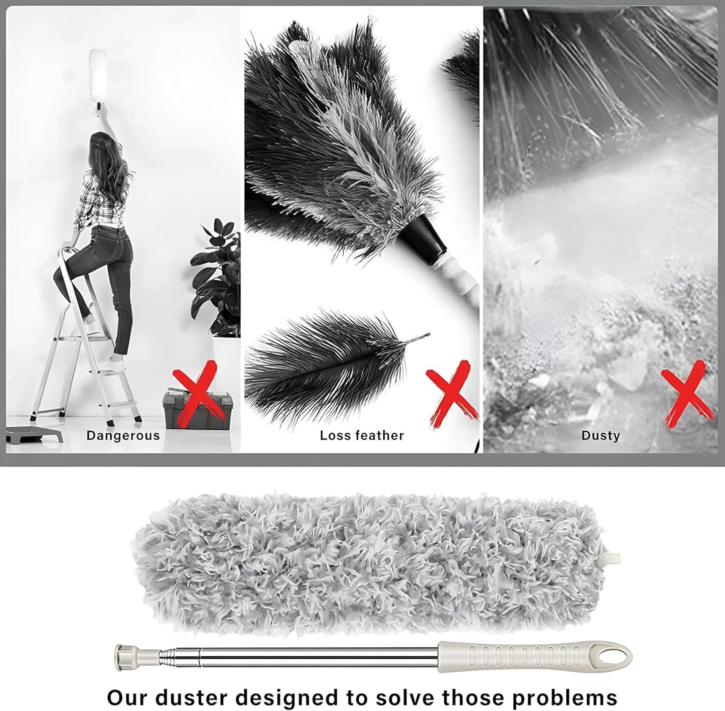 Hasselt 3 In 1 Microfiber Ceiling Duster With Cobweb Duster For Dust Cleaning, Long Handle Extendable With Anti Scratch Bendable Head For Cleaning High Stick Ceiling Fan, Multicolor