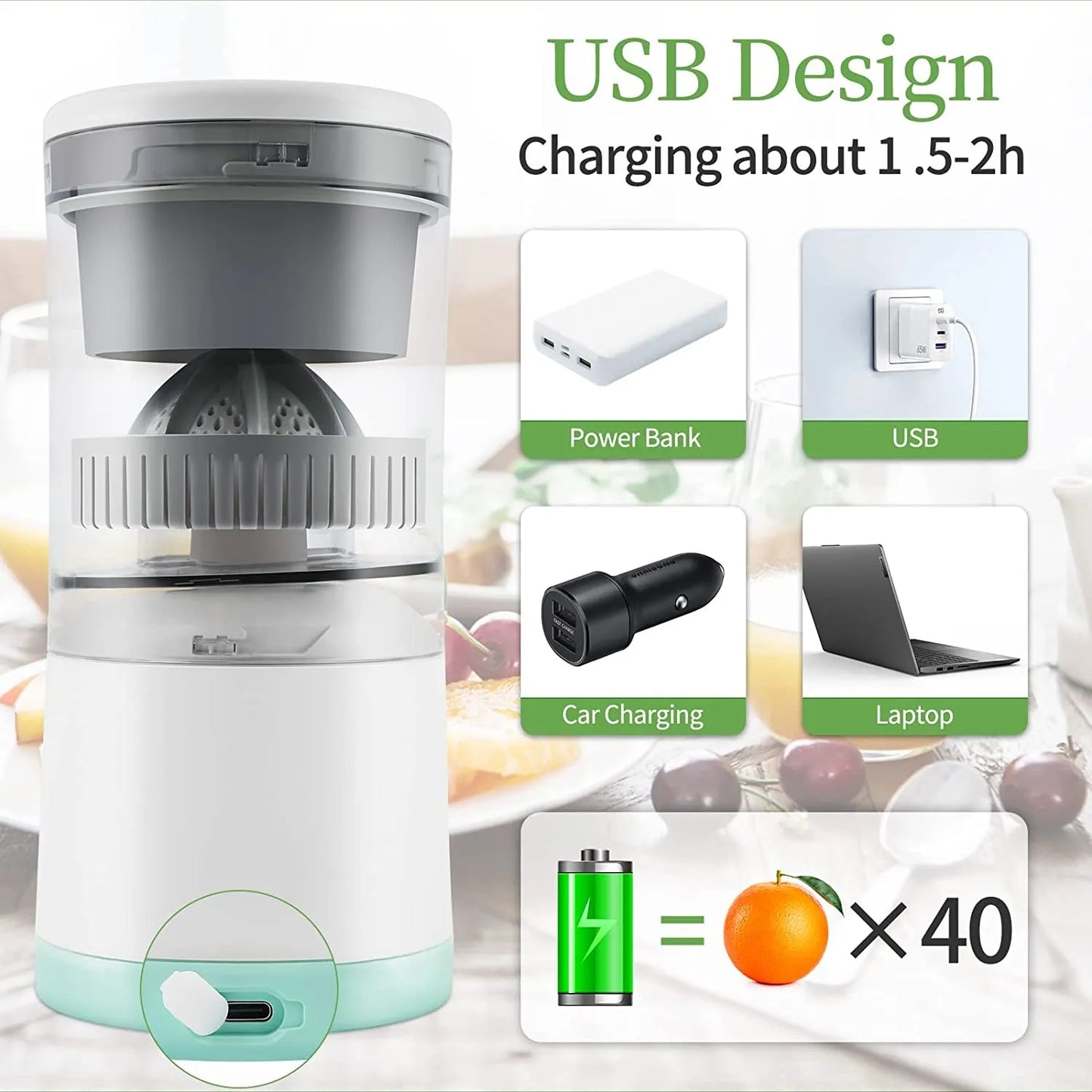 Electric Citrus Juicer, Rechargeable Juicer Machine with USB Cable and  Touch Button, Automatic Orange Lime Lemon Grapefruit Squeezer, Easy to Clean Portable Juicer, White