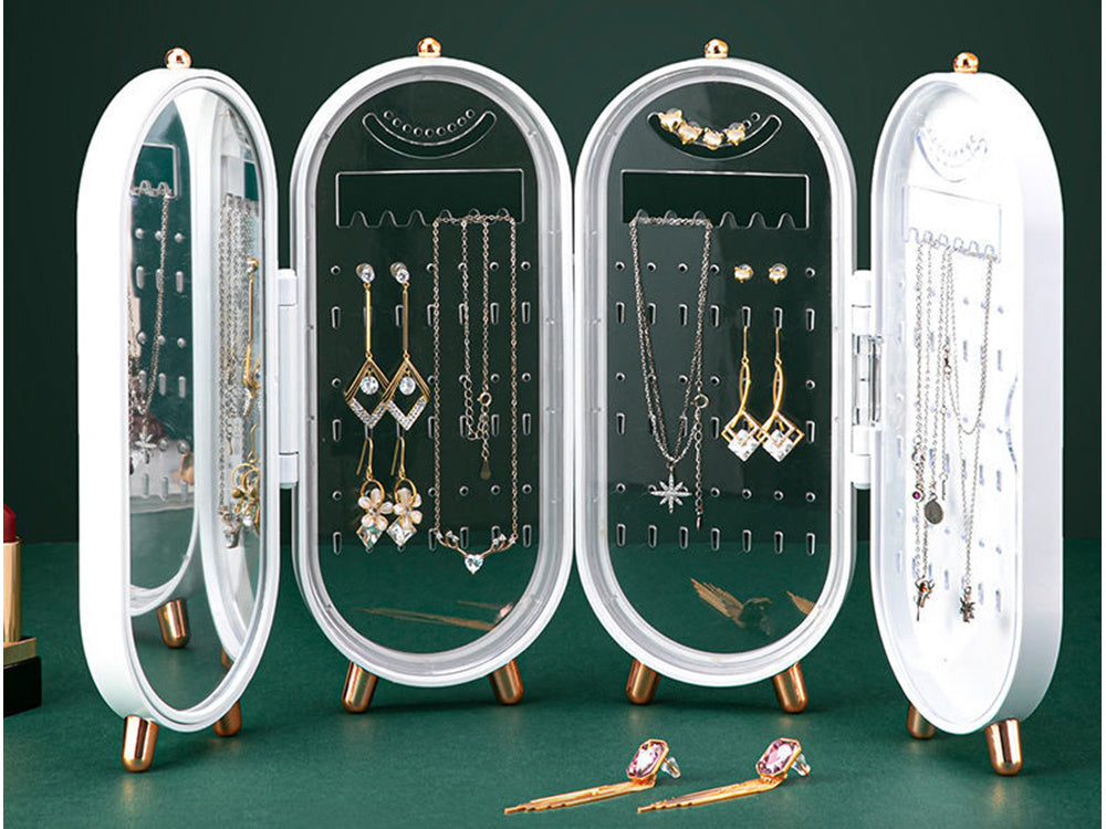 Foldable Jewellry Organizer Box with Mirror | Ear Rings & Necklace Hanging Holder | Jewelry Box Vanity Hanger Stand