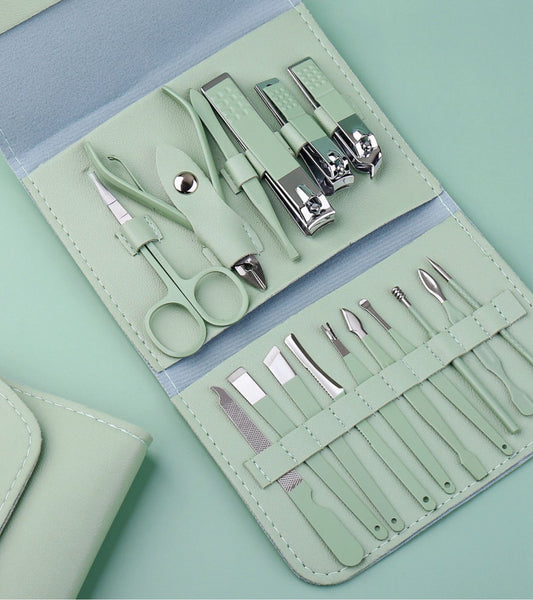 16 PCS Professional Stainless Steel Nail Clipper Manicure Pedicure Set with Leather Case